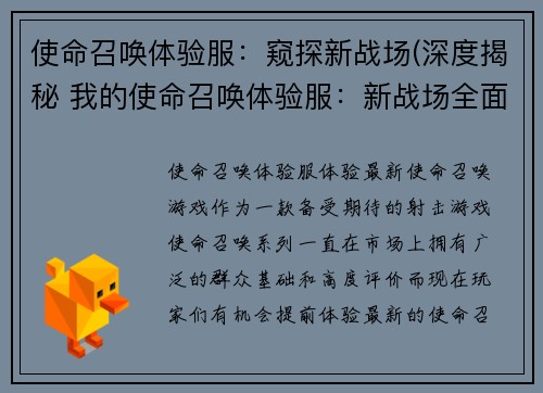 使命召唤体验服：窥探新战场(深度揭秘 我的使命召唤体验服：新战场全面探索)