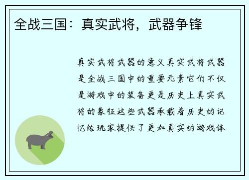 全战三国：真实武将，武器争锋